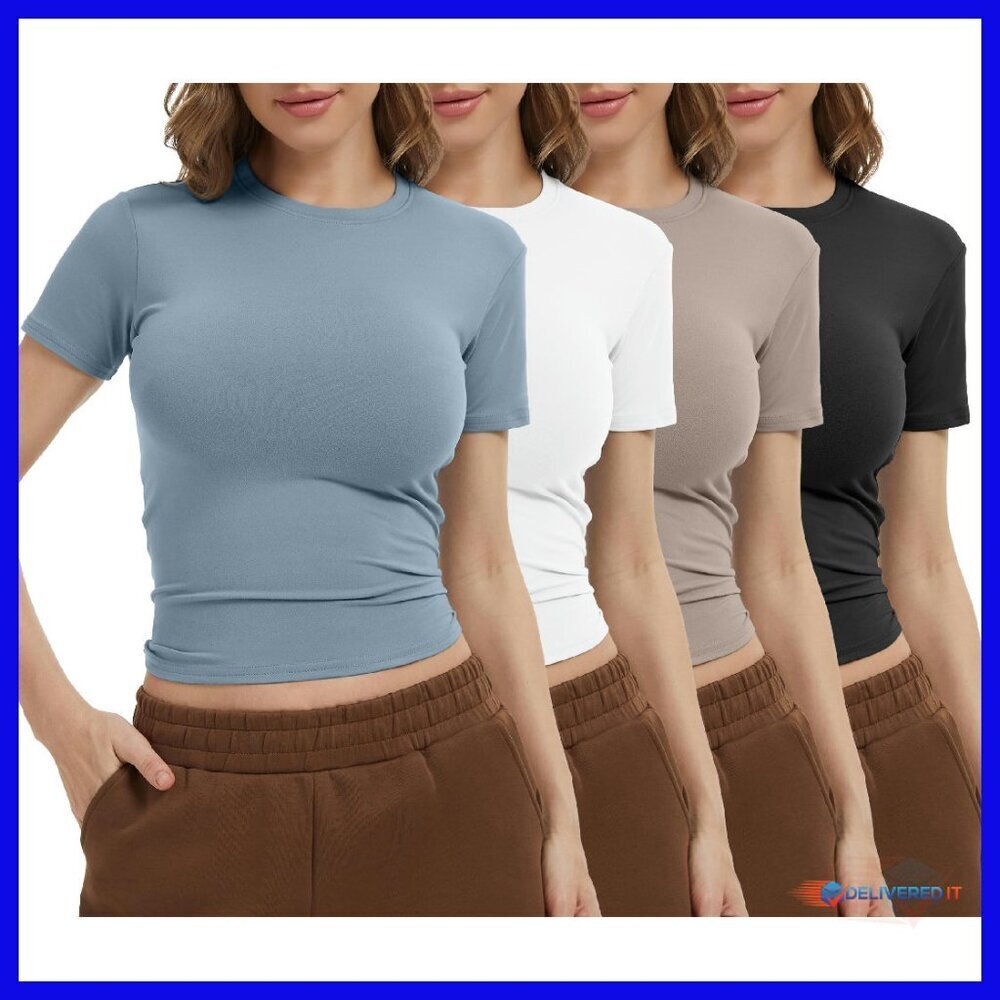 4 Pack Women's Compression Crop Tops Workout Shirts Athletic Fitted Tees